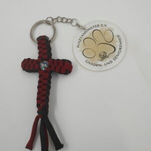 Schlüsselanhänger Paracord Kreuz bordeaux-schwarz mit Perle, ca. 10 x 5 cm
